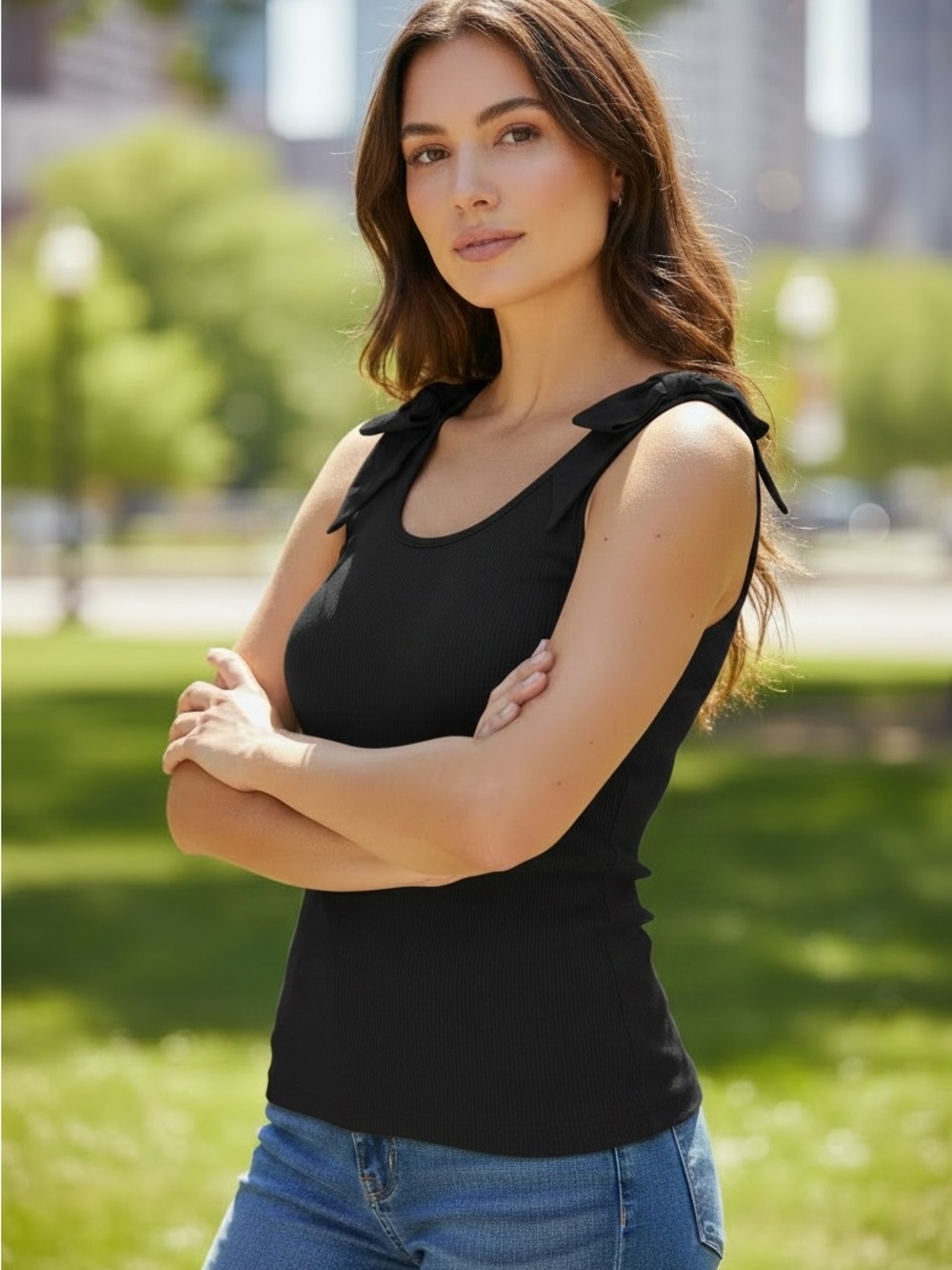 French Connection Black Ribbed Tie-Shoulder Tank Top